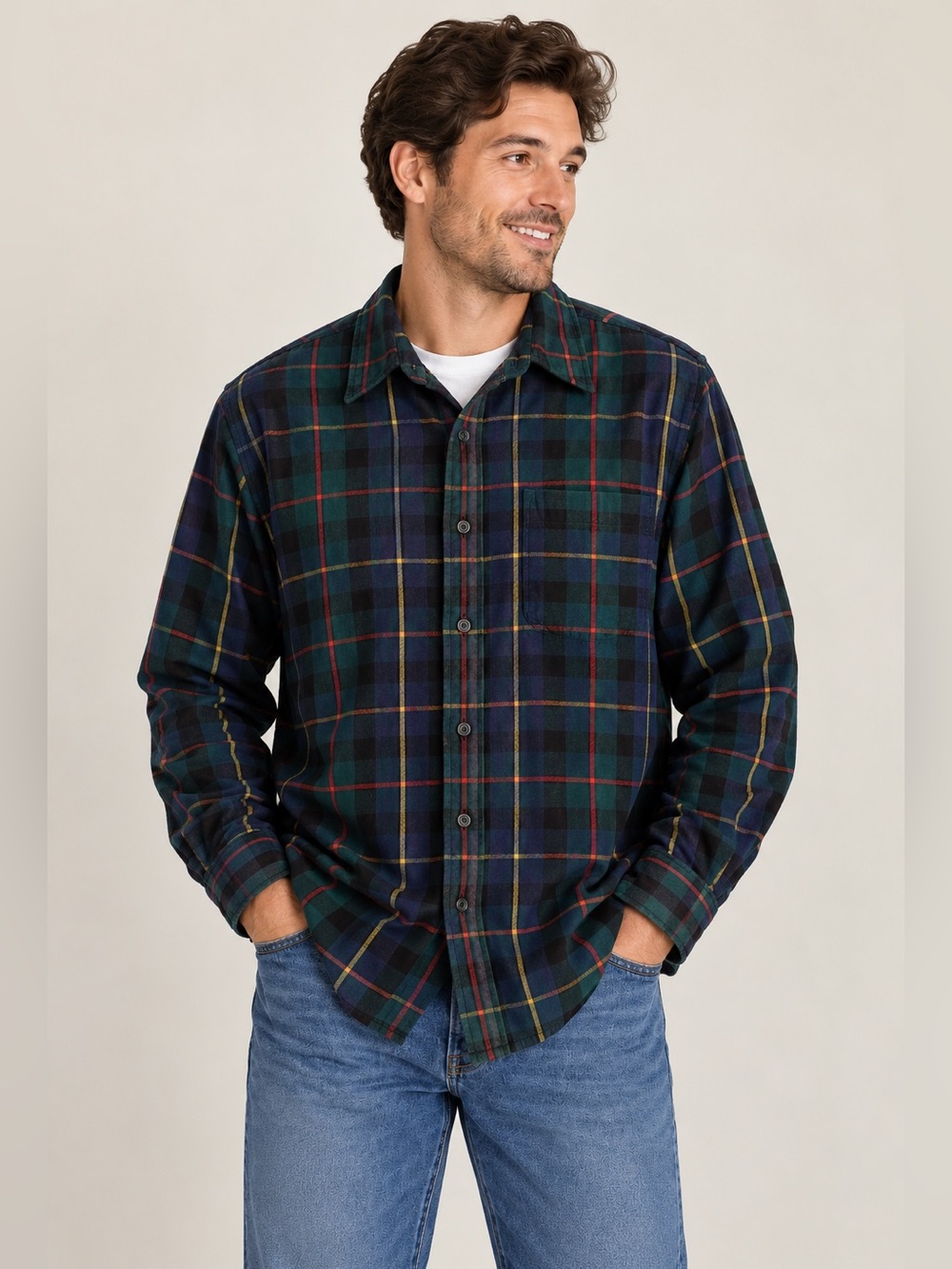 L.L.Bean Traditional Fit Flannel Shirt XL Blackwatch Plaid 100% Cotton Button